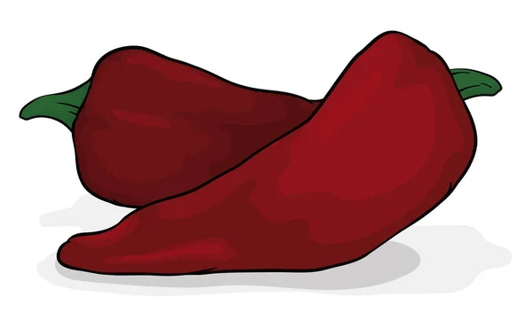 Scen Med Två Röda Chilipeppar Tecknad Stil Med Konturer Vit — Stock vektor