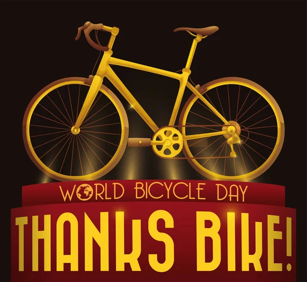 Prêmio Grato Com Bicicleta Dourada Mensagem Agradecimento Para Comemorar Dia —  Vetores de Stock