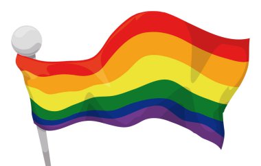 Gökkuşağı bayrağı, gümüş bir bayrak direğinde gururu kutlayan kanatla dalgalanıyor. Çizgi film tarzında dizayn et.