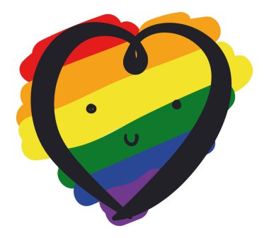 Gökkuşağı bayrağının renklerine boyanmış, karalama tarzında gülümseyen sevimli bir kalp..