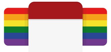 Gökkuşağı bayrağı renkleri düz stil ile işaretli gevşek yapraklı takvim sayfası şablon tasarımı.