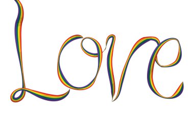 Gökkuşağı bayrağını sallayarak yapılmış özel bir aşk işareti. Çizgi film tarzında izole edilmiş tasarım.