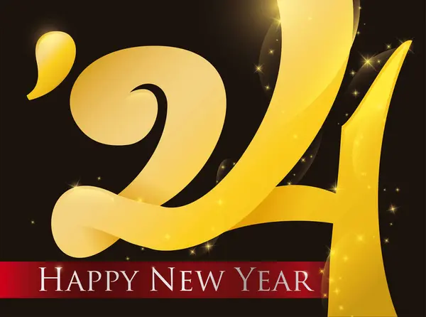 ゴールデンナンバー24 輝きと輝きと赤いリボンと幸せな新年のための祝福のメッセージ ロイヤリティフリーストックベクター