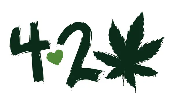 心臓および大麻の葉のシルエットが付いている4 20の記念のための緑のブラシ ストロークの設計 ストックベクター