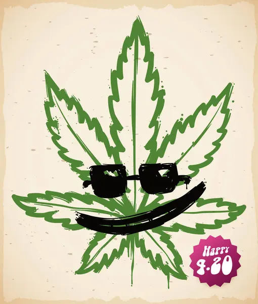Rulla Med Penseldrag Ritning Cannabislöv Med Solglasögon Och Rund Etikett Royaltyfria illustrationer