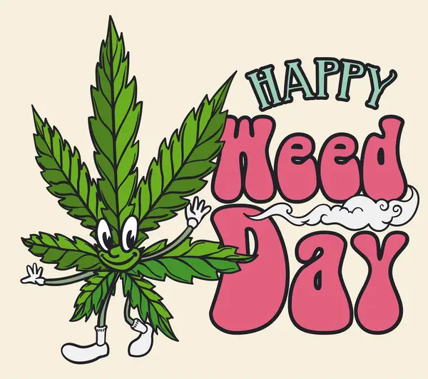 Design Retrò Con Felice Personaggio Foglie Cannabis Felice Weed Day Illustrazione Stock