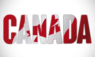 Kanada bayrağı ön planda Kanada sözcüğüyle çift pozlama efektiyle dalgalanıyor.