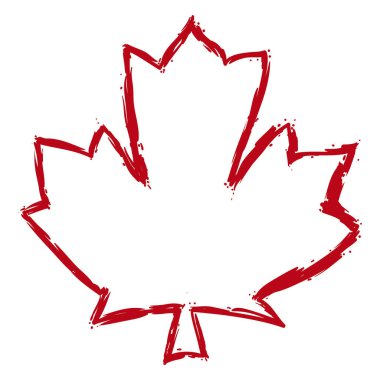 Beyaz arka planda kırmızı fırça darbeleriyle boyanmış, ana hatlarıyla sanatsal akçaağaç yaprağı silueti..