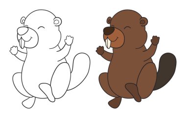 Renklendirme etkinliklerinin ana hatları ve renk versiyonunda sevimli ve mutlu kunduz..