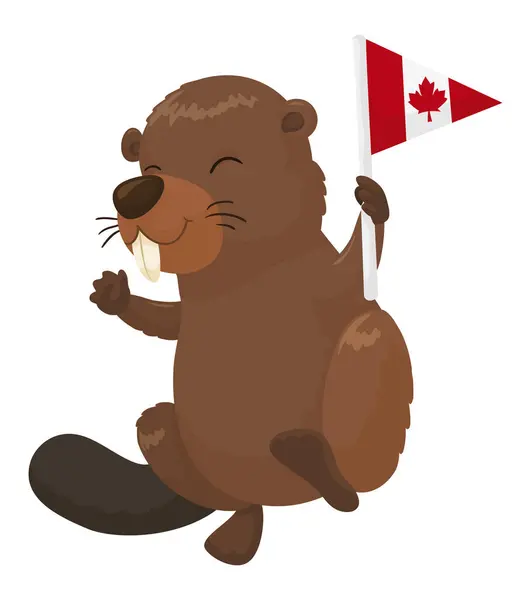 stock vector Patriotic and festive beaver with a Canadian pennant in cartoon style.