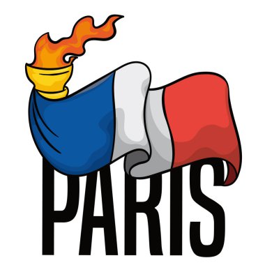 Fransız bayrağı, Yaz Oyunları için Paris tabelasının üzerinde meşale sallıyor. Çizgi film stili tasarımı.