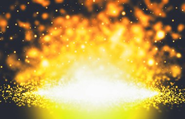 Altın ve turuncu renkli ışınlar parıltılı ışıklar ve soyut arka planda Bokeh zarif bir gösteri. Toz arka planda kıvılcımlar oluşturur. Eski model..