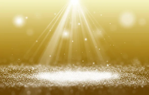 Gold sparkle rays glitter lights with bokeh elegant show on stage abstract background. Dust sparks background.Spotlight background