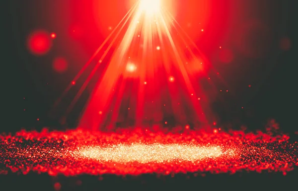 Czerwone Błyszczące Promienie Błyszczące Światła Bokeh Elegancki Pokaz Scenie Abstrakcyjne — Zdjęcie stockowe