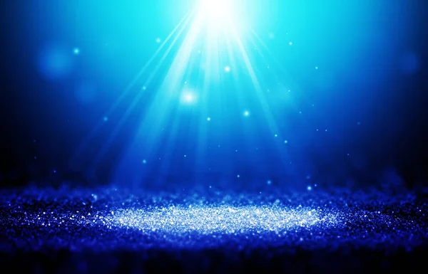 Niebieski Blask Promienie Błyszczące Światła Spotlight Bokeh Elegancki Pokaz Scenie — Zdjęcie stockowe