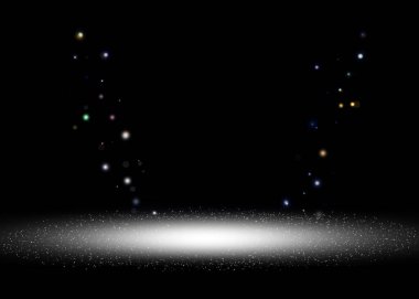 Sahnede koyu altın parıltılı ışıklar var. Bokeh zarif mercekleri ve soyut flaşları var. Toz arka planda kıvılcım