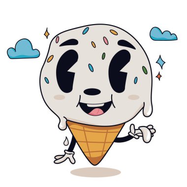 Beyaz arka planda izole edilmiş Retro çizgi film dondurması. Üzerinde beyaz eldiven giyen komik, modern çizgi roman karakteri olan eski moda bir etiket. Doodle grunge tarzı 1930 'ların çizgi roman tatlıları.