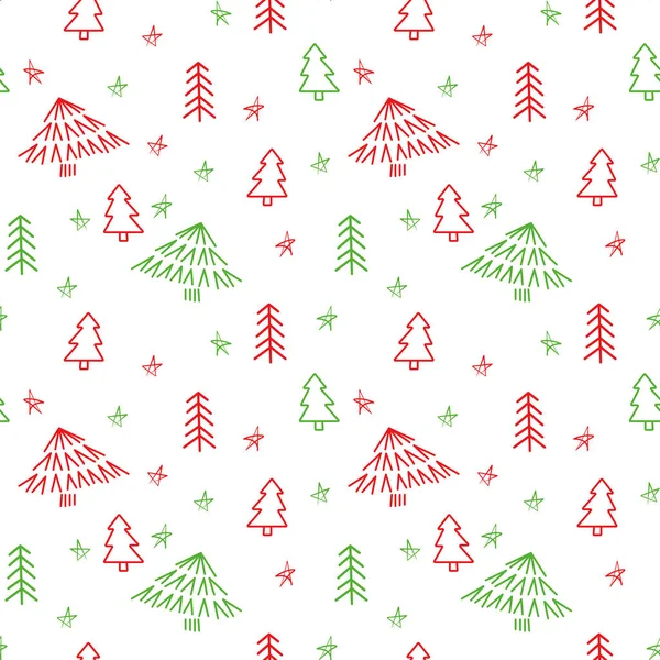 stock vector Christmas seamless pattern with Christmas tree and stars. Doodle Christmas background in green and red colors. Hand drawn New Year hygge forest pattern for wrapping paper, decor, textile, wrapping.