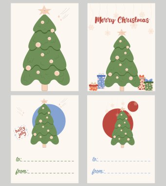 Noel ağacı ve mesaj alanı olan Noel kartları. Sevimli resimli tebrik kartı ve el yazısıyla Mutlu Noeller. Davetiyeler, broşürler, afişler, afişler