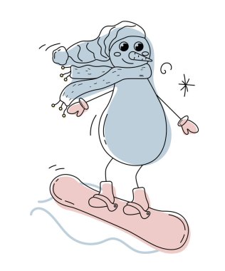 Doodle Snowboard yapıyor. Kardan adamla Noel çizimi. Mutlu yıllar ve mutlu Noeller..