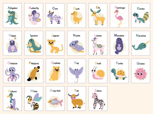 Childish Animal Alphabet Educational Material Kids Set Letter Cards Animals — Stock Vector