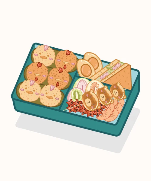 本托盒装饭团 煮熟的鸡蛋 三明治 西瓜和甘薯片 亚洲菜 亚洲风格的午餐盒 — 图库矢量图片