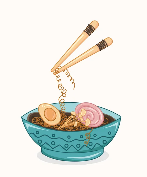 拉面汤碗 切碎的沙司腌猪肉 煮熟的鸡蛋减半 亚洲菜 中国菜 日本菜 闭合手绘矢量图解 — 图库矢量图片
