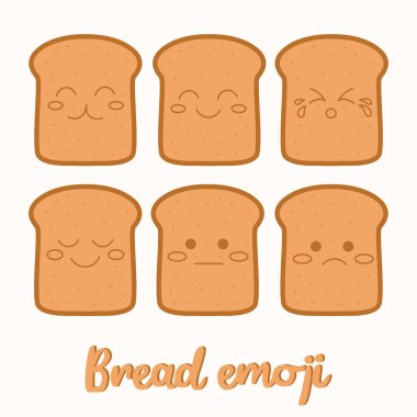 Farklı duyguları olan kadeh kaldırmalar. Tatlı ekmek emojisi. Asya kawaii yemekleri.