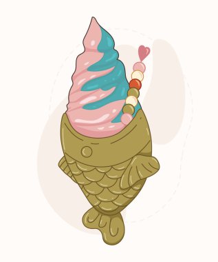 Dondurmalı ve meyveli Taiyaki. Asya sokak yemeği, Asya balık şekilli waffle, Kore tatlı yemeği.