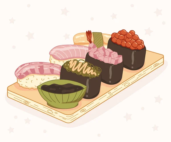 Sushi Posé Sur Une Planche Bois Avec Sauce Affiche Alimentaire — Image vectorielle