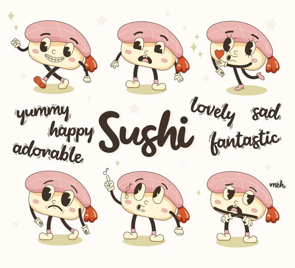 大寿司人物设置与字母复古卡通风格与不同的情绪 亚洲食物吉祥物 — 图库矢量图片