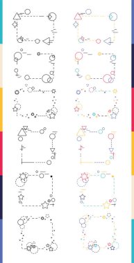 Çerçeveler retro funky grafik modern tarzda ayarlandı. Renkli, siyah ve beyaz düz geometrik şekil Memphis tasarım tarzında sınırdır. Yapısalcılık koleksiyonu