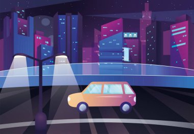 Gece kenti, neon ışıklı ve resimli bir araba. Boş bir yolda arabalı gelecekçi şehir manzarası
