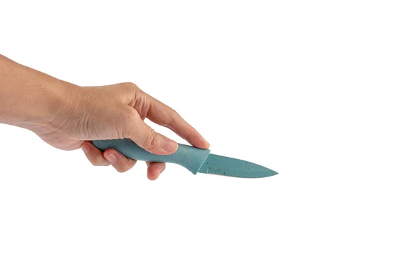 Χέρι Και Βοηθητικό Μαχαίρι Απομονώνονται Λευκό Φόντο — Φωτογραφία Αρχείου