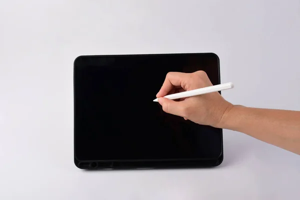 Bolígrafo Mano Smartphone Lápiz Negro Para Escribir Aislado Sobre Fondo —  Fotos de Stock