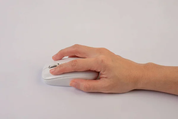 Mão Clique Mouse Computador Moderno Isolado Fundo Branco — Fotografia de Stock