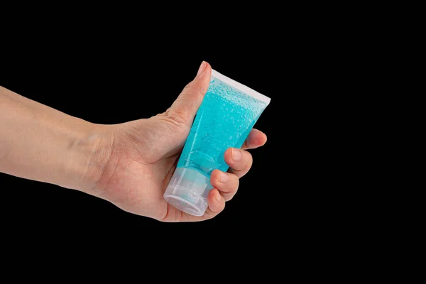 Mão Com Gel Álcool Desinfetante Mão Garrafa Bomba Para Lavar — Fotografia de Stock