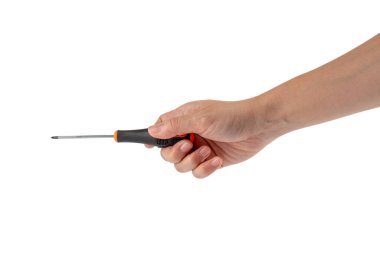 Beyaz arka plan üzerinde izole tornavida tutan el