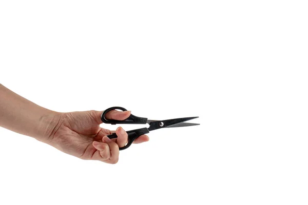 Hand Holding Office Stationery Scissors Cutting White Background — Stock Photo, Image