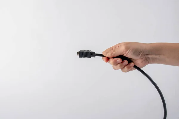 Hand Und Vga Kabelstecker Isoliert Auf Weißem Hintergrund — Stockfoto
