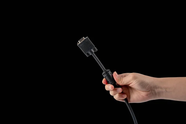Hand Und Vga Kabelstecker Isoliert Auf Schwarzem Hintergrund — Stockfoto