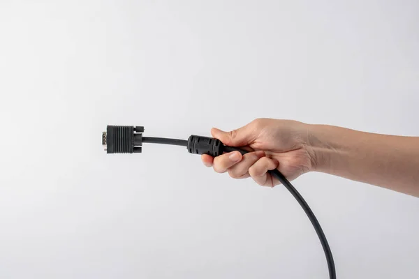 Hand Und Vga Kabelstecker Isoliert Auf Weißem Hintergrund — Stockfoto