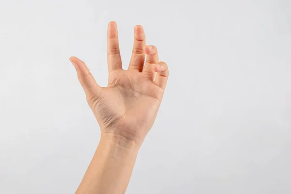 Mão Mulher Mostrando Gesto Polegar Para Cima Fundo Branco — Fotografia de Stock