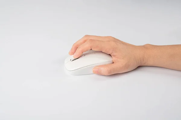 Mão Clique Mouse Computador Moderno Isolado Fundo Branco — Fotografia de Stock