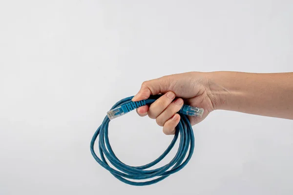 Blue Ethernet Connection Cable Hand Isolated White Background — Stock Photo, Image