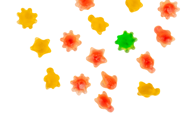 Çeşit çeşit şekerleme, sulu renkli jöleli şekerler. Şeffaf arkaplanda şekerleme