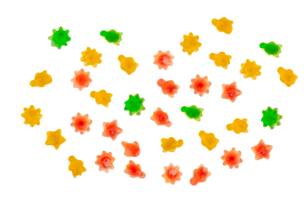 Çeşit çeşit şekerleme, sulu renkli jöleli şekerler. Şeffaf arkaplanda şekerleme