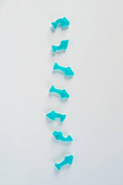 Denizanası şekerlemeleri. Jelibon köpek balığı, beyaz arka planda şeker kaplı mavi yunus jölesi..