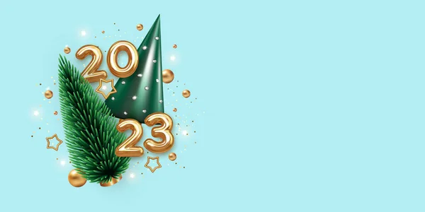 Gelukkig Nieuwjaar 2023 Gouden Metalen Nummer Met Decoratieve Kerstboom Blauwe — Stockvector