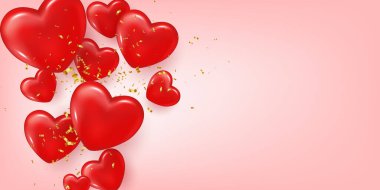 Realistic 3D red heart with gold confetti. Valentines day. Place for text. Romantic background, creative banner, greeting card, web poster, promotions, social media post, flyer. Vector illustration